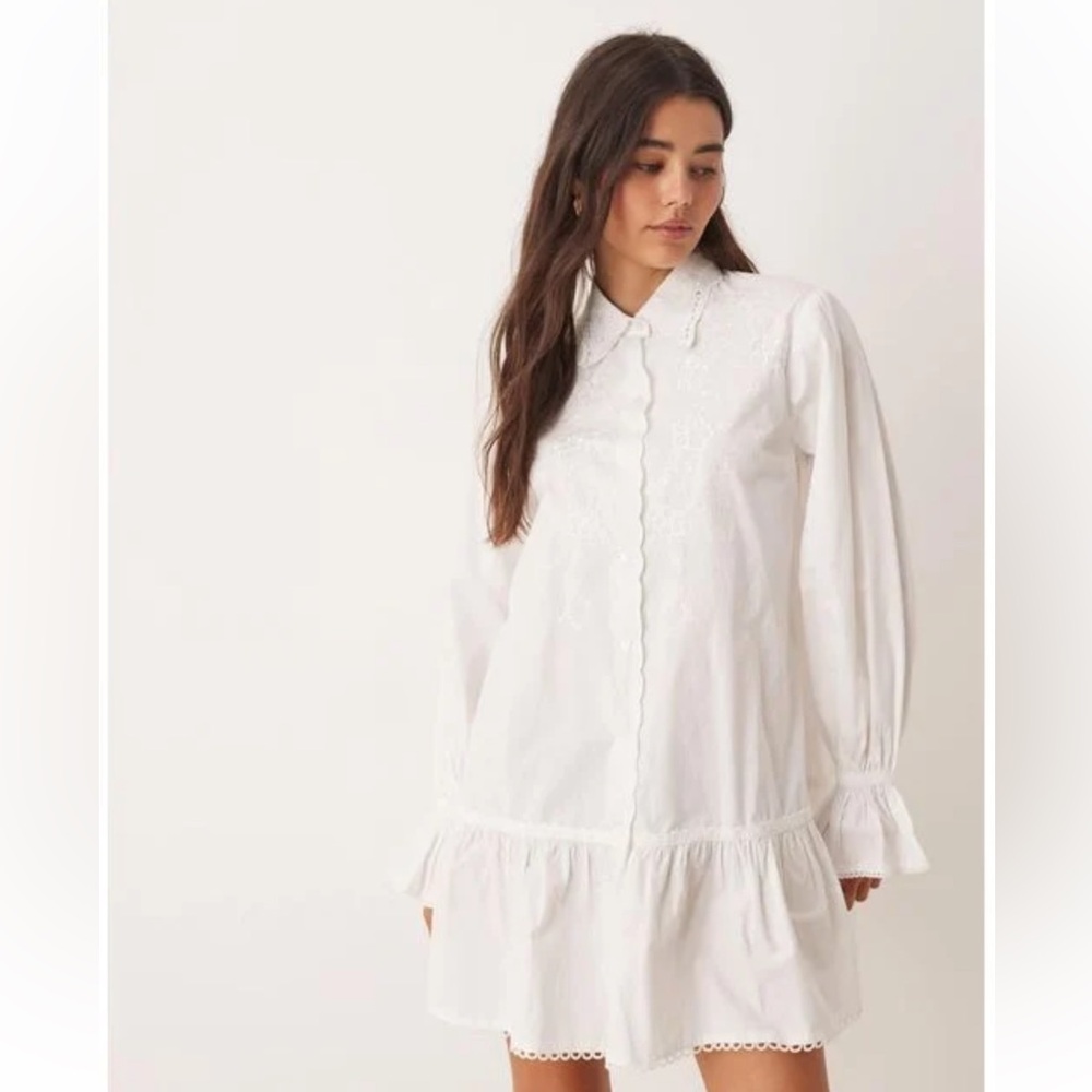 Miss Selfridge NWT Women's Natural Embroidered Poplin Shirt Dress 4 Cottagecore - Picture 1 of 14